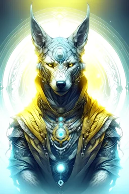Futuristic deity of man with inner wolf, wisdom of the world, and ambitions