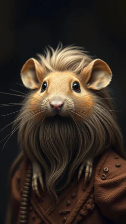 A mouse with human look face and long hair and beard looks like an ancient Sumerian gods