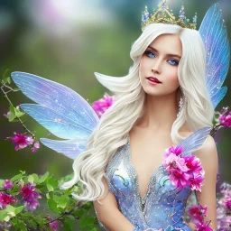 Fantasy fairy with transparent wings, smiling, make up, long platinum blond hair with crown and flowers, blue dress, flower background