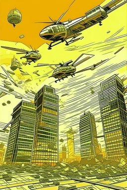 helicopters dropping dollar bills Robert Kiyosaki standing on golden skyskraper city burning in background STYLE OF HIROKU OGAI