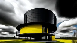 A modern black house with a yellow circular structure in the foreground, set against a cloudy sky background