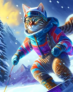 Hermosa Pintura coloreada de un gato antropomorfico con traje de esquiador, esquiando en la nieve, arte conceptual, calidad ultra, hiperdetallado,12k