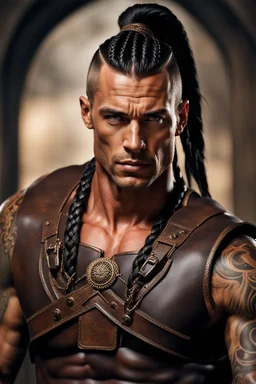 portrait of a 35 year old Handsome muscular warrior with lightly tanned skin and tattoos and dark braided hair. photorealistic