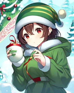 Girl with short brown hair, red eyes, green sweatshirt with a horizontal yellow stripe, he is wearing a Christmas hat, and in the background there are trees in the cold winter with lots of snow,