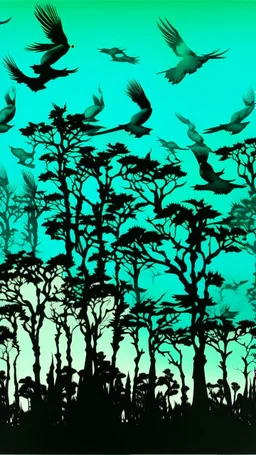 Dark cyan treetops with birds painted by Andy Warhol