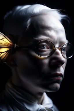 the silent ant head ssurreal,close up portrait an albino woman, the huge butterfly crawls out of from her mouth, dramatic lighting, photorealistic, 4k, highly detailed, sharp focus, acclaimed artwork, noir, dark, bizarretylized with glasses, bizarre,surreal,