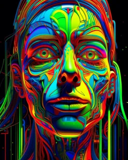 high quality vibrant neons colorful illustration of a front complex woman face head mixed with a chemical plant (detailed eyes, nose, mouth , neck), surreal, visible brain, made of recycled colored objects all around and inside of head, dark industrial interior background , 4k, HDR, UHD, all in focus, clean, no grain, concept art