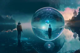 Person seeing a Magic sphere in the misty lagoon, that reflects galaxy