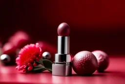 top shot of a lipstick on a pink table with flowers, gray spheres in the background, product photography in style of Kodak Portra — style raw — q 2 — s 250 — v 5.2 — ar 9:16