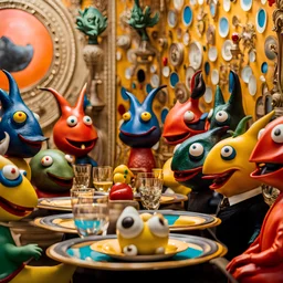 Close-up shot of ultra realistic odd monsters dining, vivid, ultra realistic, Joan Miró, hypermaximalist figures, light, Italian 1970's odd movie, hilarious, Minicavio Quollati style, photography by Marlost Endgulp, ornate, 4k, photorealism