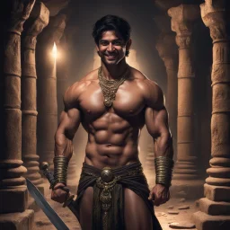 Hyper Realistic shirtless muscular handsome short black hair Indian King smiling & holding sword in a huge dark catacombs with traditional pillars at night