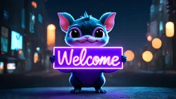 a cute magical creature holding a purple neon sign that says "Welcome", cinematic, dark colors, a city in the background, bokeh, Unreal Engine