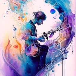 create a watercolour painting ,In this artwork, a musician addicted to a mystical substance is shown playing a magical instrument. Each note and melody produced sends ripples through the air, creating visual representations of the various fantasy worlds the musician is exploring in their mind. The music acts as a gateway to these other dimensions, and the addiction is symbolized by the musician's dependence on the substance to access their extraordinary musical abilities.