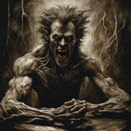 Surreal spooky agonizing man starting to transformation into a werewolf, mid-transformation, kinetic double exposure photo layering of werewolf and man, sinister surrealism, horror, by George Harriman, by Stephen Gammell, by Jeremy Mann, eerie dark colors, sinister, hyperdetailed, matte oil painting,.