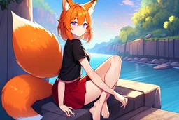 Girl, fox ears, one big fox tail, orange hair, red skirt, river, fox foot , sit on the shore, purple fox eyes, black T-shirt, wet, happy,