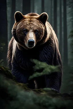 A majestic grisly bear in the forest , natural colors, dynamic light and shadow, mid-angle , intricate details, very detailed scene with intricate details, realistic, natural colors, highly detailed, UHD ,perfect composition, insanely detailed 32k artistic photography, photorealistic concept art, soft natural volumetric cinematic perfect light