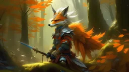 ashigaru steampunk - inspired feathered fox, colorful plumage, lacquered armor, cute but determined, hard focus, art station, by jessica rossier and brian froud, cinematic fantasy painting, orange grey white, in a woodland glade