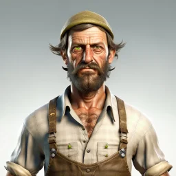 muscular 30 year old fisherman with large eyes and mutton chops and an apron. Clear background realistic digital art