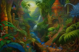 Hiper-detailed Alois Arnegger oil painting canvas, Otherworldly, Austrian Symbolism, arcane atmosphere, Avatar's Pandora landscape ravine vibrant color jungle, bold inked, by sergei Parajanov movie-style raw