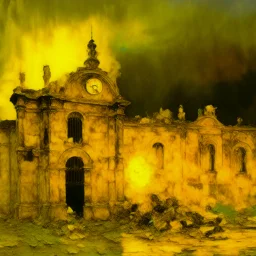 A yellow glowing ruins with clocks in a thunderstorm painted by Claude Monet
