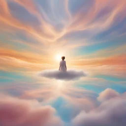 A mesmerizing scene depicting a person gracefully floating through a surreal dreamscape, surrounded by ethereal clouds and vibrant colors, as if weightless and immersed in a fantasy realm. The dream-like atmosphere creates a sense of tranquility and wonder, with hints of whimsy and mystery unveiling a world beyond the ordinary. The composition is filled with soft lighting, diffused rays of sunlight, and a touch of mist, evoking a sense of enchantment and otherworldliness.