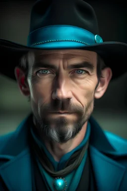 western 42 years old Cowboy Man, the man have grey black short Hair, green eyes, Black Turquois Cowboy clothes, western, 25 years old Women german-irish, brown-red straight hair, blue-gau eyes, sexy clothes in black turquois