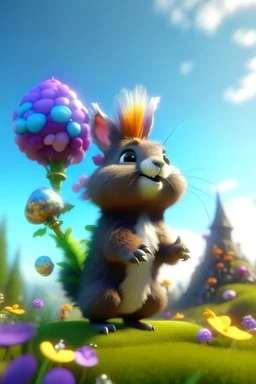 plexi glass tower, portrait of a cute fluffy wolly squirrel with an open parachute holding weird flowers in the style of pixar, on a strange planet with weird colors and wind turbines, bokeh like f/0.8, tilt-shift lens 8k, high detail, smooth render, down-light, unreal engine, prize winning