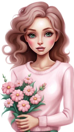 Painting a haughty beautiful standing woman, light pink sweater, brown long pants, brown shoes,bouquet of flowers in hand, digital painting, fantasy art, pretty face, inspired by Jeremiah Ketner, illustration, anime portrait, barbie face, big eyes, bright eyes,kijkt achterom