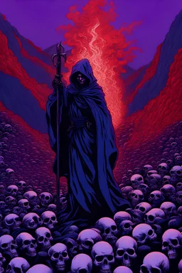 The Grim Reaper standing on top of a mountain of thousands of red Mario hats and skulls, fire flowing, indigo and iridescent purple Duochrome film, sfumato, in the style of John Everett Millais, high-detail, sharp-focus, anime