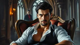 An epic dark fantasy oil painting of a handsome muscular nobleman seated in a luxurious Victorian armchair inside an ancient Gothic castle. Around 35 years old, with dark shoulder-length hair, a strong jawline, subtle beard, and piercing eyes locked directly on the viewer. His white shirt hangs partially open , in background in victorian dress a vampire voman' blur shadow, deep colors, detalied, mystic, stunning