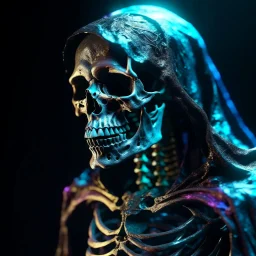 gigantic scarry dark hooded crystal skeleton made of marble, bright colors, glowing sparkle particles, dark tone, sharp focus, contrast, 8k, incredible depth, dramatic lighting, beautifully intricate details, clean environment, epic dynamic scene