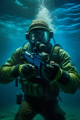 Homem na guerra segurando uma arma embaixo d'água imagem em 4k