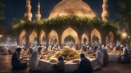 Hyper Realistic Photographic-View of lots of Muslims eating-&-fasting on the road, outside a beautifully-crafted-mosque-dome with plants-&-tables-decorated-with-Garland-Lights with dramatic-&-Cinematic-Ambiance at night.