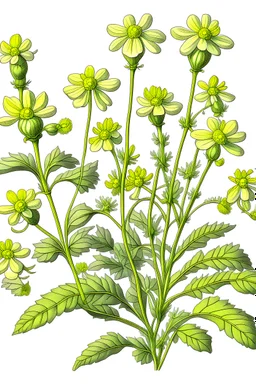 A detailed linear draw of an arabidopsis thaliana with flowers. Whole plant