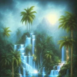 turquoise neon waterfall with palm trees sparkling at night in a cave detailed realistic glowing