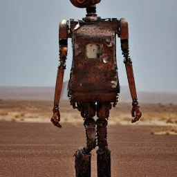 A female robot whistling in the desert winds Rusty weathered and torn to pieces while the rain beats down on her