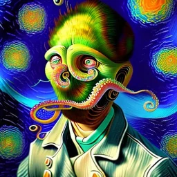 Dibujo al oleo de un hombre pulpo pintado con muchas nubes de colores estilo Vincent van Gogh