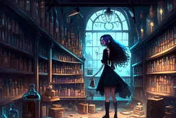 full-height shot of a young witch in a tight black short skirt, inside a large magic shop, shelving, bottles, windows