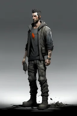 man, , full body, looking serious, comic book, post-apocalypse, grey background