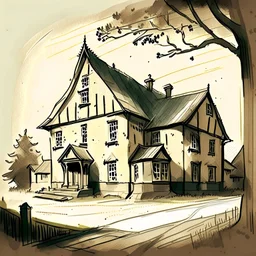 drawing of a village school building in the style of art novel