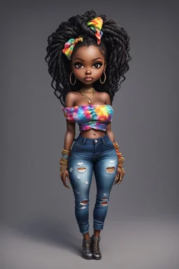 create a colorful abstract digital art image 8k of a chibi curvy black female wearing torn jeans pants and a black-tie dye off the shoulder blouse. Prominent make up with hazel eyes. Highly detailed long Senegalese twist in a hair wrap