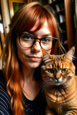 girl with ginger hair in a fringe with glasses and a septum piercing holding a tabby cat with wonky eyes