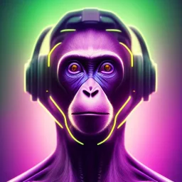 A beautiful portrait of a cyborg monkey purple neon color scheme, high key lighting, volumetric light high details psychedelic background