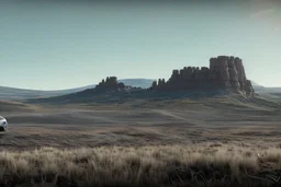 A Tesla 'Model S' is going at a high speed, near the 'Devils Tower' in Wyoming. (CINEMATIC, WIDE ANGLE LENS, PHOTO REAL)
