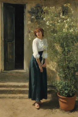 one woman, flowers, house, vegetations, dirt, photography
