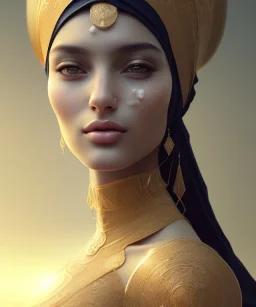 Arab young woman ,Arabic features، cute, beautiful, black eyes,Natural contours, real skin ,Modest Arabic style dress، head and shoulders portrait, cinematic, 8k, resolution concept art portrait by Greg Rutkowski, Artgerm, WLOP, Alphonse Mucha dynamic lighting hyperdetailed intricately detailed