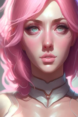 best quality,masterpiece, full body portrait of a woman, eyes, nose,lips,pink hair,big chest,(anime woman:1.3), ,symmetrical eyes, soft lighting, detailed face, concept art, digital painting, looking into camera,3d,art by artgerm