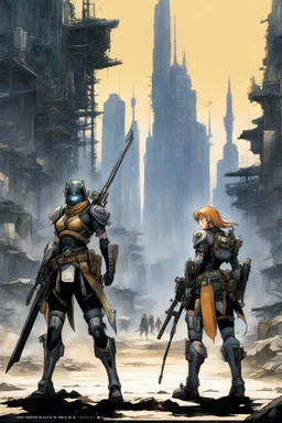 haiku by masamune shirow: post-apocalyptic desolated city. Three bioroids: death with a blade, dust with a rifle, and rust with a club.