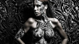 An artistic image depicting a woman against a textured abstract background. The woman's skin is painted with a striking black and white pattern, creating a high-contrast visual effect. The paint is applied unevenly, following a Jackson Pollock-esque pattern, covering the entire body. The background is gray with a rough texture that complements the intensity of the body paint. The overall composition is asymmetrical, emphasizing its artistic and avant-garde nature.
