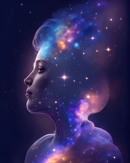Human girl galaxy very beautifull, transparent profile, cosmic starry sky wallpaper, small planete and small ufo in the head